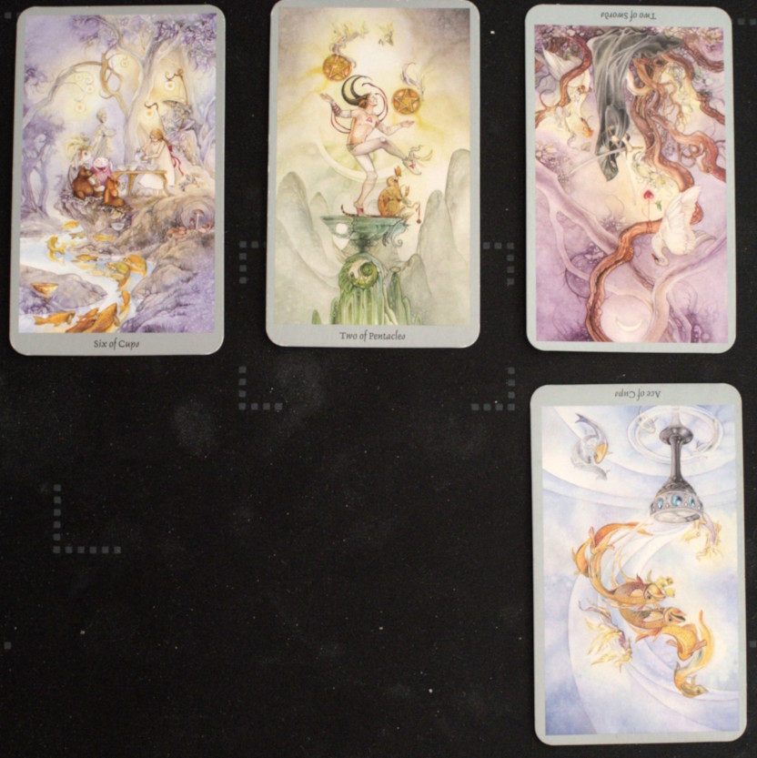 Photo of a three-card Tarot spread plus one clarifying card. The deck is the Shadowscapes Tarot with art by Stephanie Law. The first three cards are the Six of Cups, the Two of Pentacles, and the Two of Swords reversed. The clarifying card is the Ace of Cups reversed.