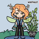 Picture for Crescendo: A Picrew doll of a faery with fair skin, light red hair, small antlers with leaves, and green insect-like wings. They are wearing a blue vest abd black pants and have turquoise-colored paw-like gloves or hands.