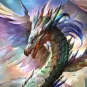 Discord avatar for KinDD (Bela): A portrait of a dragon, showing their head and neck. They have greenish scales on the back of the neck and lighter cream-colored ones on the front. They have feathered wings in soft pastel rainbow hues on cream.