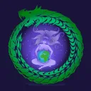 Discord avatar for Mother Multiverse: A green ouroboros dragon surrounding a purple figure of a woman sitting crosslegged with a green sphere on her lap.