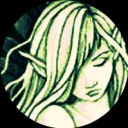 Discord avatar for Rabbit: A facial portrait of a faery being with long hair and pointed ears, drawn in shades of green. Their eyes are downcast and their hair covers one eye.