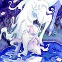 A color painting of a delicate white unicorn bending down to drink from a pool of water.